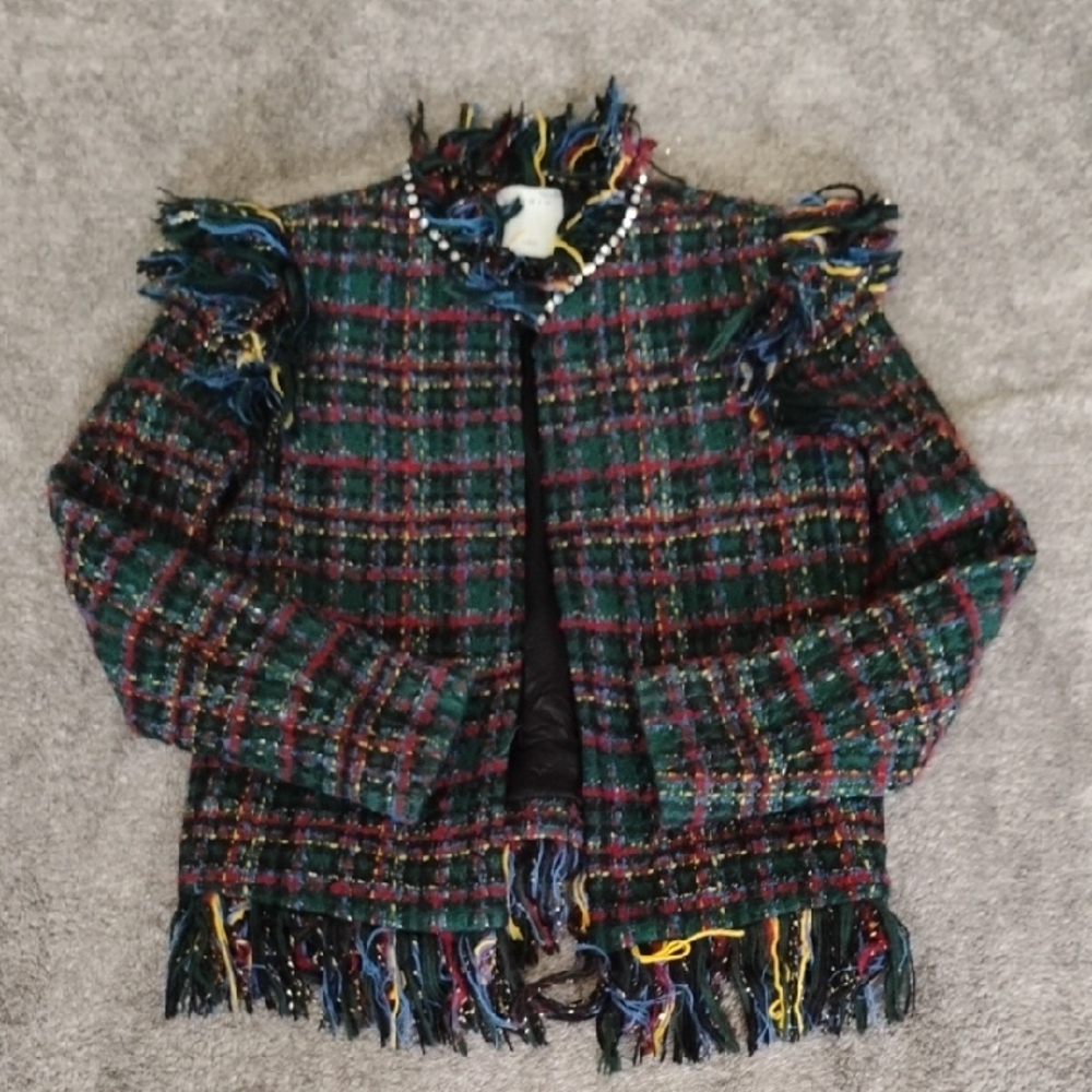 Sandro Paris Boucle Jacket With Rhinestone Neck
